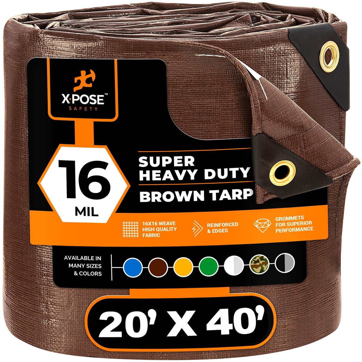 20' x 40' Super Heavy Duty 16 Mil Brown Poly Tarp Cover - Thick Waterproof, UV Resistant, Rip and Tear Proof Tarpaulin with Grommets and Reinforced Edges - by Xpose Safety Xpose Safety