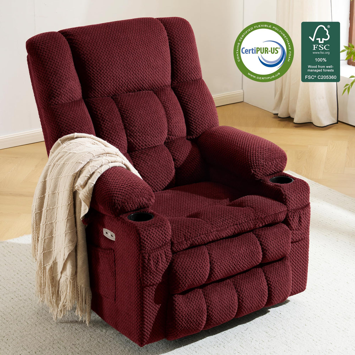 MCombo Dual Motor Power Lift Recliner Chair with Massage and Heat for Elderly People, Infinite Position, USB Ports, Cup Holders, Fabric 7890 (Medium, Burgundy) MCombo