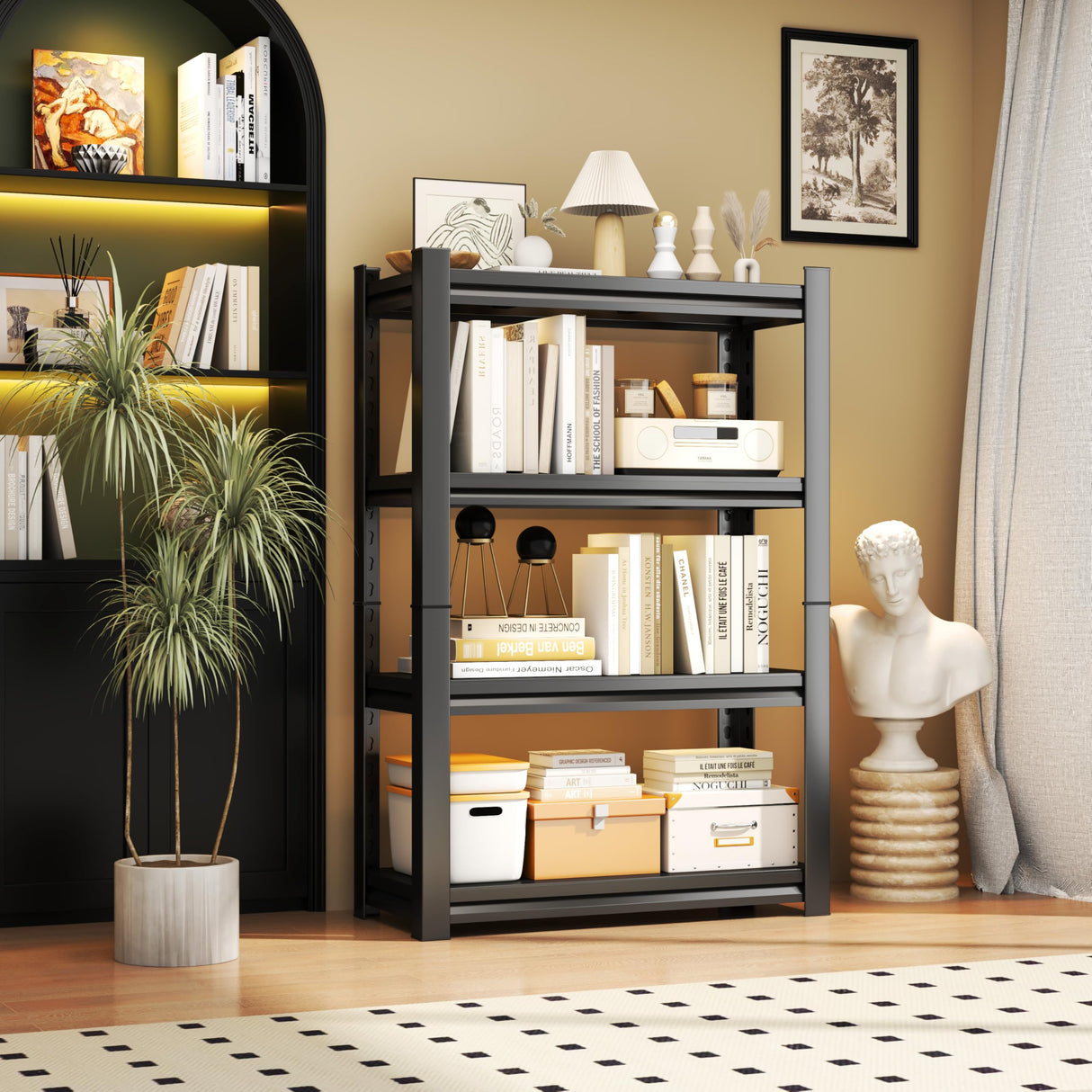 63"H Storage Shelves, 4 Tier Shelving Unit, Industrial Storage Unit, Metal Shelving Units, Adjustable Shelf Tool Storage Shelves for Garage, Garden, Outdoors, Black (35.4"W X 15.8"D X 63"H) PRESTELION