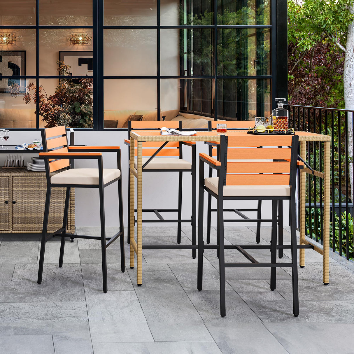 YITAHOME 5-Piece Light Brown Outdoor Wicker Bar Table Set with Chairs for Stylish Patio Dining YITAHOME