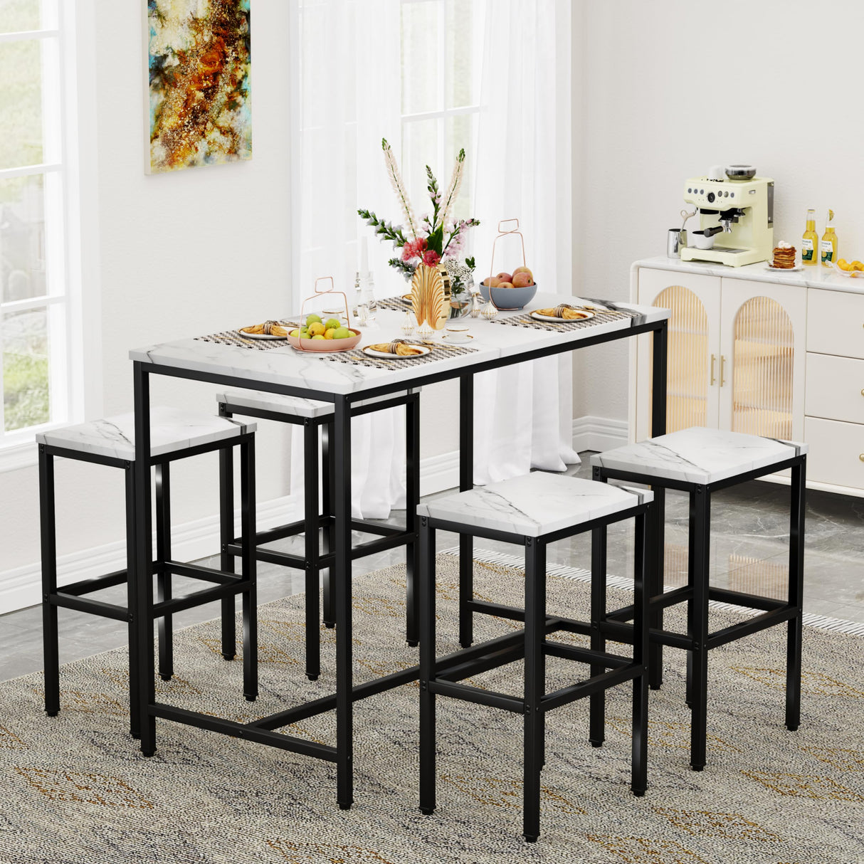 Yongchuang Modern 5 Piece Bar Table Set with White Faux Marble Top and 4 Backless Stools Yongchuang