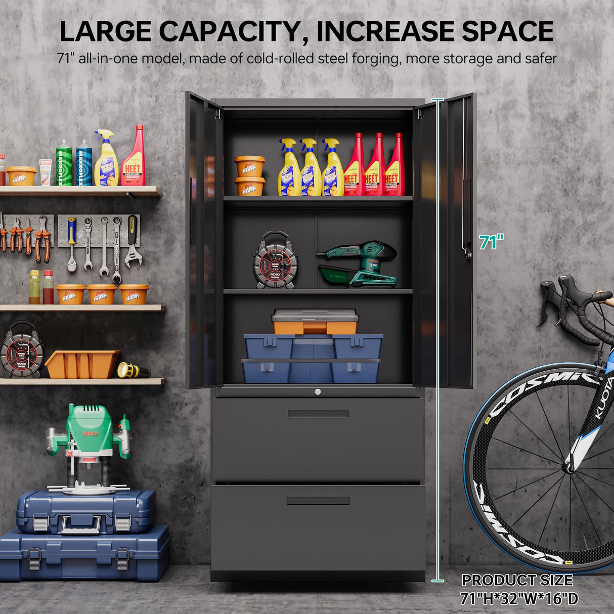 SISESOL Black Metal Storage Cabinet with Drawer and Shelf, 71" Metal File Cabinets for Home Office,Steel Garage Storage Cabinet with Locking Doors for Home,Office,Garage,School SISESOL