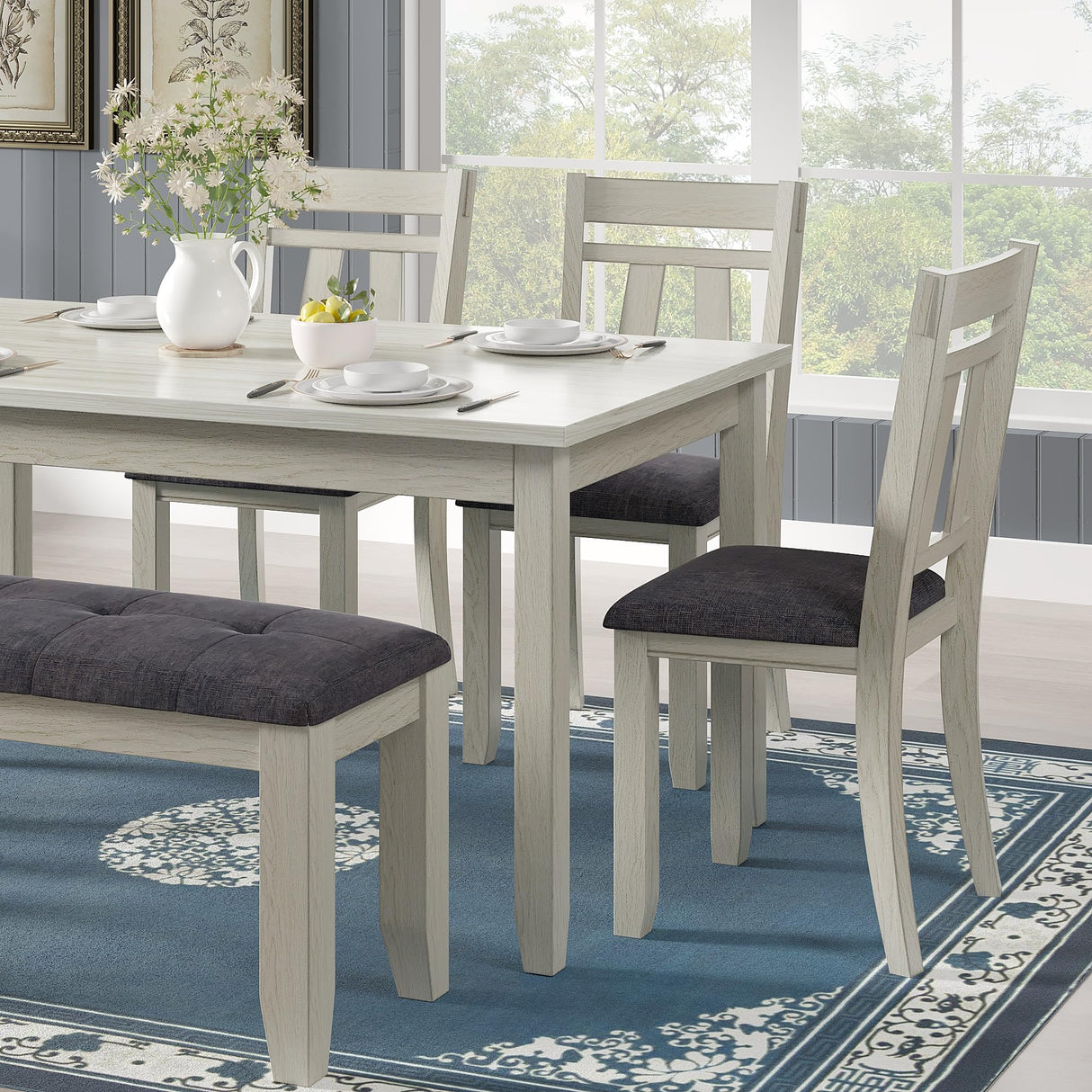 Peatuk 6-Piece Solid Wood Dining Table Set for 6, Modern Breakfast Dinette Kitchen Table with Bench & Chairs for Dining Room, Kitchen, Grey Peatuk