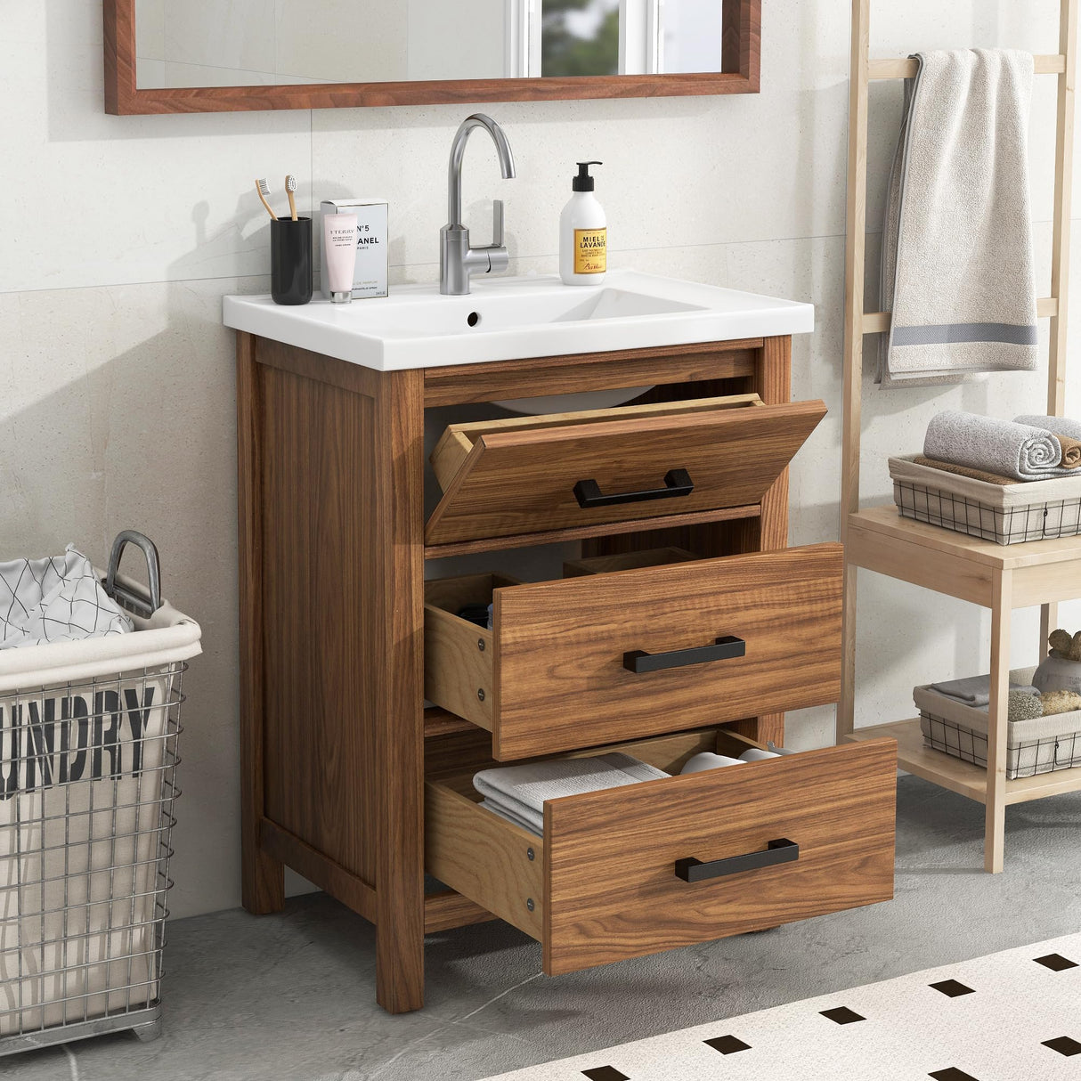 Merax 24 Inch Bathroom Vanity with Sink,Mid Century Modern Bathroom Vanity with 2 Deep Drawer & Tip-Out Tray,Ceramic Sink with Integrated Countertop,Solid Wood Frame,Wood Grain Finish Merax