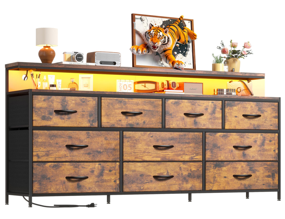 EnHomee 55" W Dresser for Bedroom with 10 Drawers Long Dresser with LED Lights & Power Outlets Wide Dressers & Chests of Drawers Large Dresser for Bedroom Dresser Metal Frame, Wood Top, Rustic Brown EnHomee