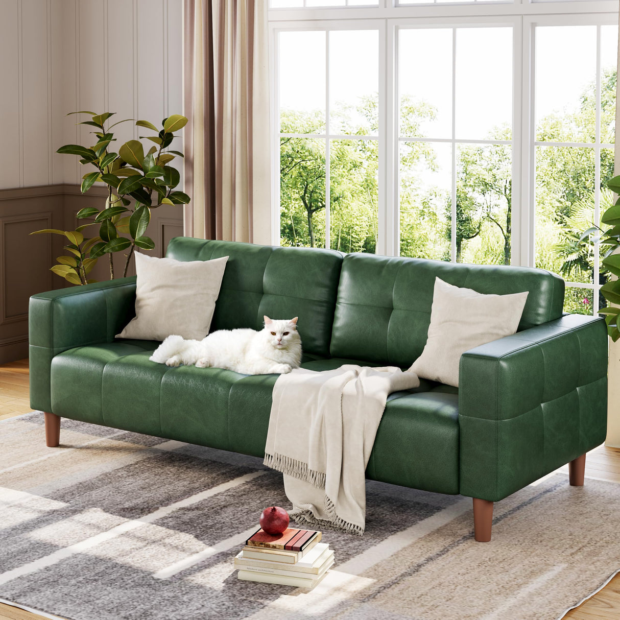 GarveeHome 3-Seater Sofa Couch, 83 in Wide Faux Leather Sofa Couch with Spring Cushion, Modern Sofa with Deep Seats and 2 Removable Back Cushions, for Living Room, Bedroom, Apartment, Office, Green GarveeHome