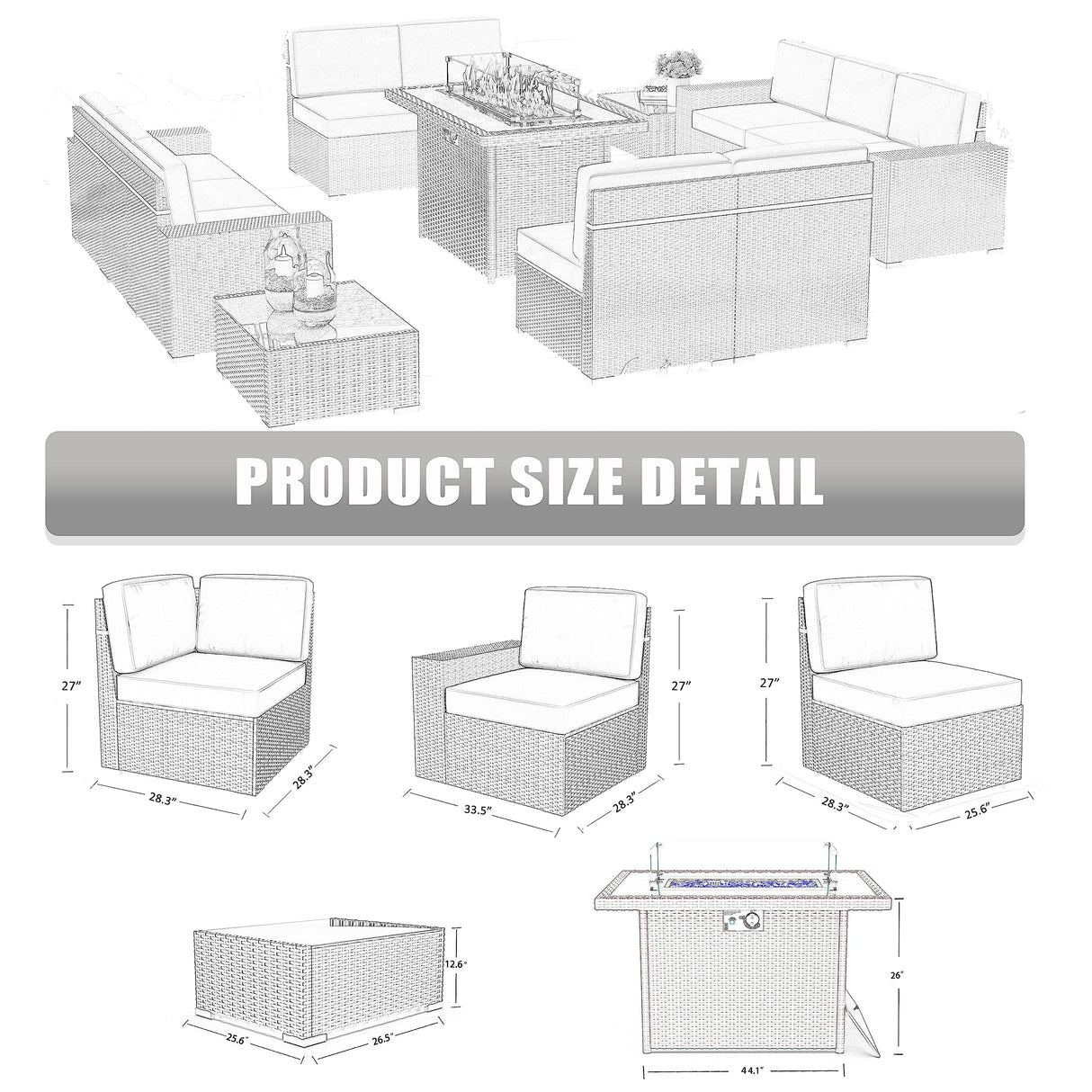 LayinSun 13 Pieces Outdoor Patio Furniture Set with 44" Fire Pit Table Rattan Sectional Sofa Conversation Sets LayinSun