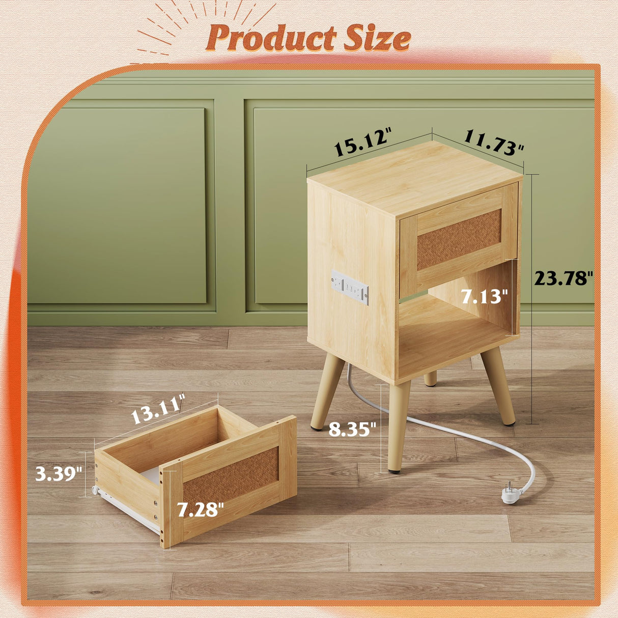 WLIVE Rattan Nightstand with Charging Station, Boho Night Stand, Small Bedroom Side Table, End Table with Drawer and Storage, Wood Bedside Table for Bedroom, Small Spaces, Natural Oak WLIVE