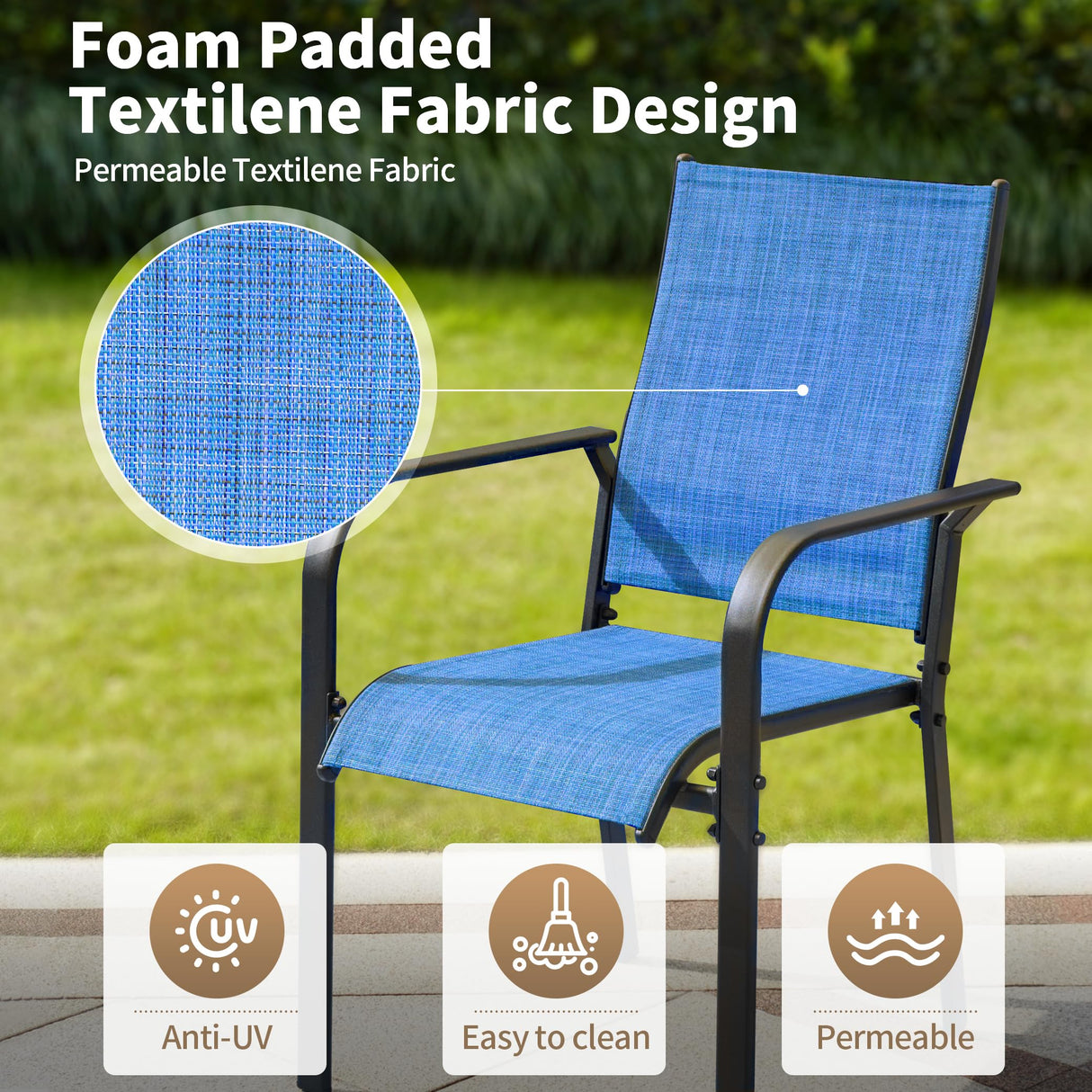 BUPPLEE 9-Piece Outdoor Patio Dining Set with 8 Stackable Dining Chairs, Metal Table with Umbrella Hole, 8-Person Patio Table and Chairs for Backyard, Poolside, Balcony and Garden Blue BUPPLEE