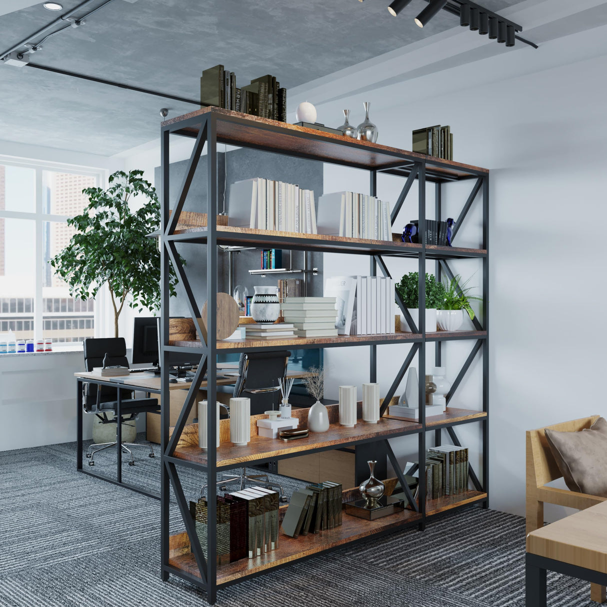 5 Tier Bookshelves with LED Plant Grow Lights, Convertible Corner Bookshelf with Baffles, 70" Tall Industrial Bookcase, Display Shelf, Wood Shelves with Metal Frame for Living Room Bedroom Home Office CHIESMA