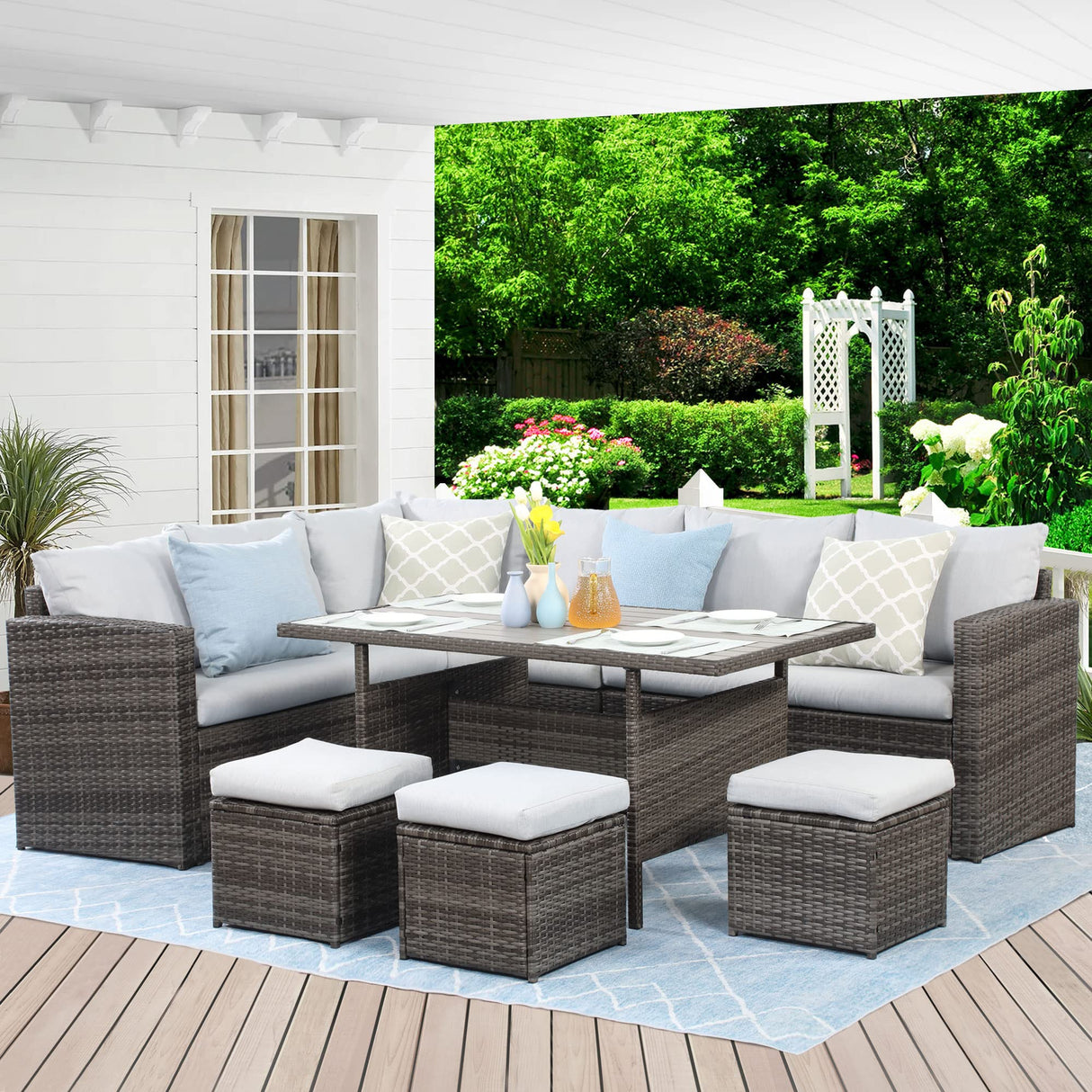 Wisteria Lane Outdoor Patio Furniture Set, 7 Piece Wicker Rattan Outdoor Dining Set with Dining Table and Ottomans, Patio Table and Chairs Set, Outdoor Sectional, Grey Wisteria Lane