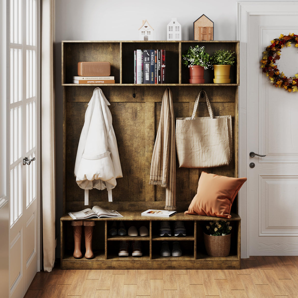 Apeaka Hall Tree with Bench and Storage, Farmhouse 75" H Tall Hall Tree Wood Entryway Shoe Bench with Coat Rack and Storage Shelves for Mudroom, Rustic Brown Apeaka