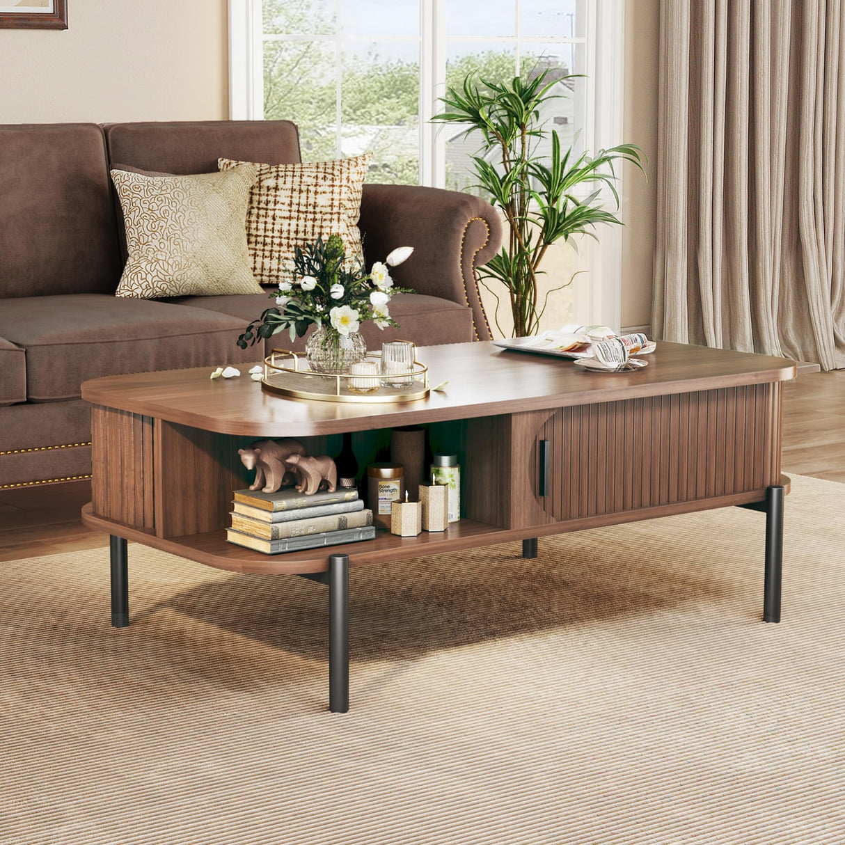 Coffee Table, 39.4" Mid Century Modern Coffee Tables for Living Room, Coffee Table with Storage Open Shelf, Fluted Table with Sliding Cabinet Door, 2-Tier Rustic Wood Desktop, Walnut HUAHUU