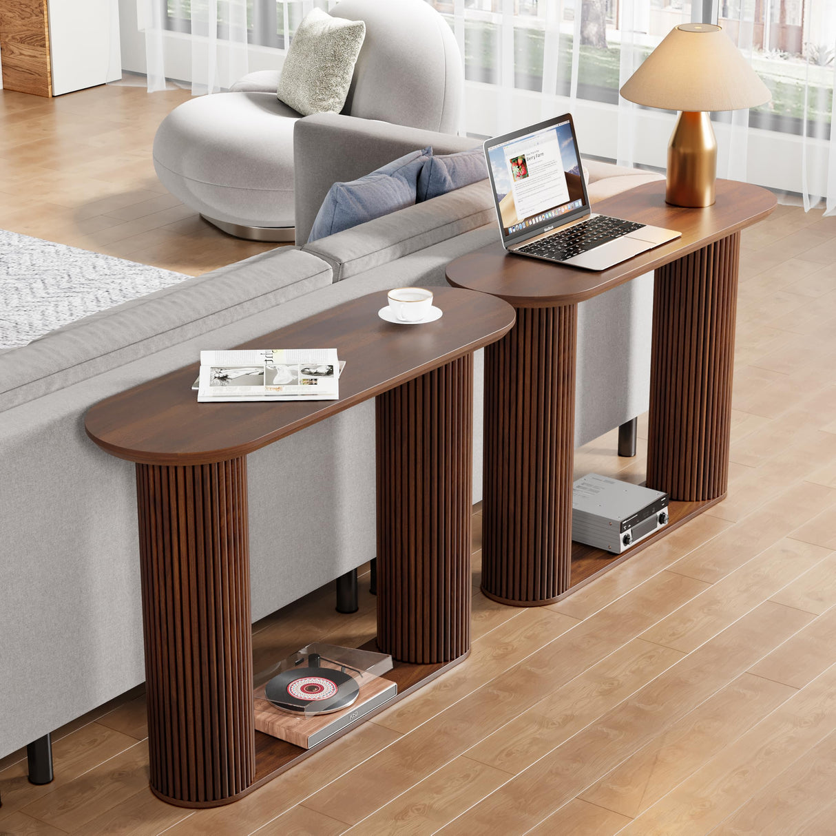 RUSTYER Fluted Console Table, Farmhouse Oval Curved Entryway Table with Storage and Fluted Wood Legs, Narrow Small Long Entry Sofa Table for Entrance, Hallway, Living Room (Walnut) RUSTYER