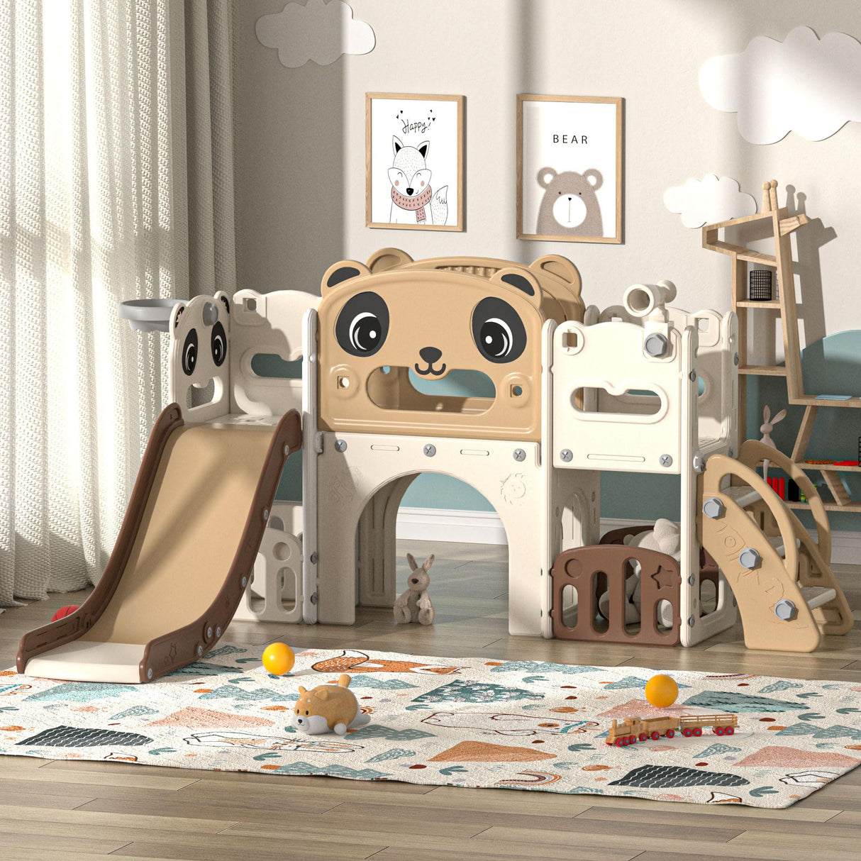 NYEEKOY 9 in 1 Toddler Slide and Climber Playset Indoor Outdoor Kids Slide with Basketball Hoop,Telescope and Storage Space, Freestanding Backyard Playground for Children Age 1-6 Nyeekoy