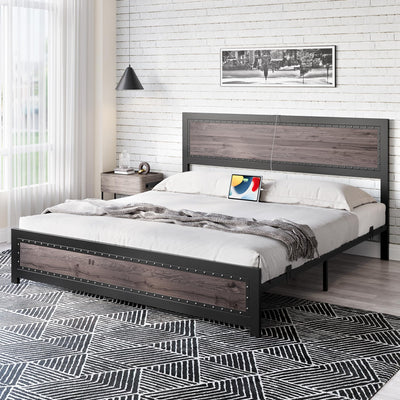Curtainboro King Size Bed Frame with Charging Station, Bed Frames with Modern Industrial Wood & Rivet Design, No Box Spring Needed, Quick 15-Min Assembly