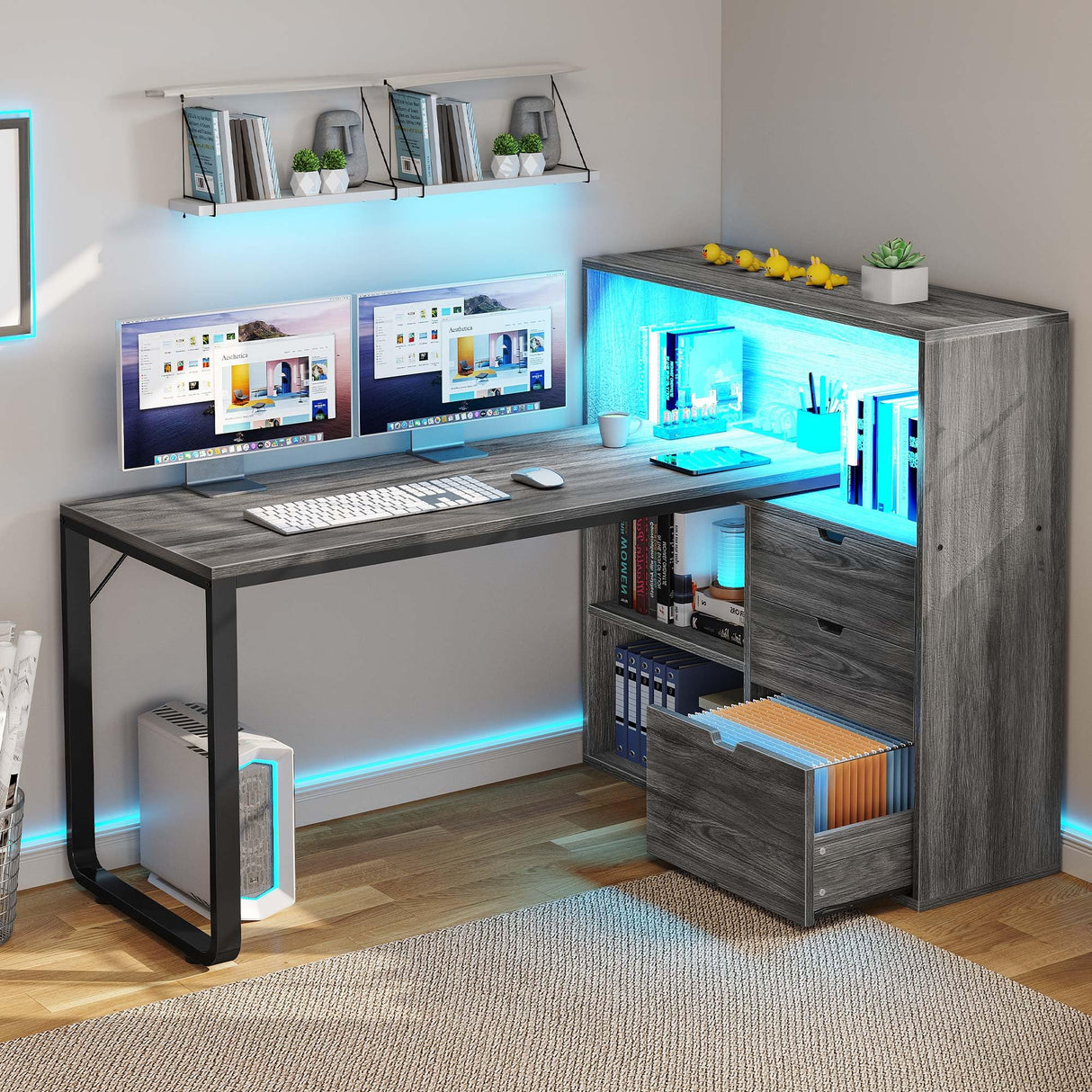 DWVO L Shaped Desk with Drawers & Power Outlets, 55" Computer Desk with Bookshelf, Corner Desk Home Office Desk with Storage Shelves & LED Lights, Grey DWVO