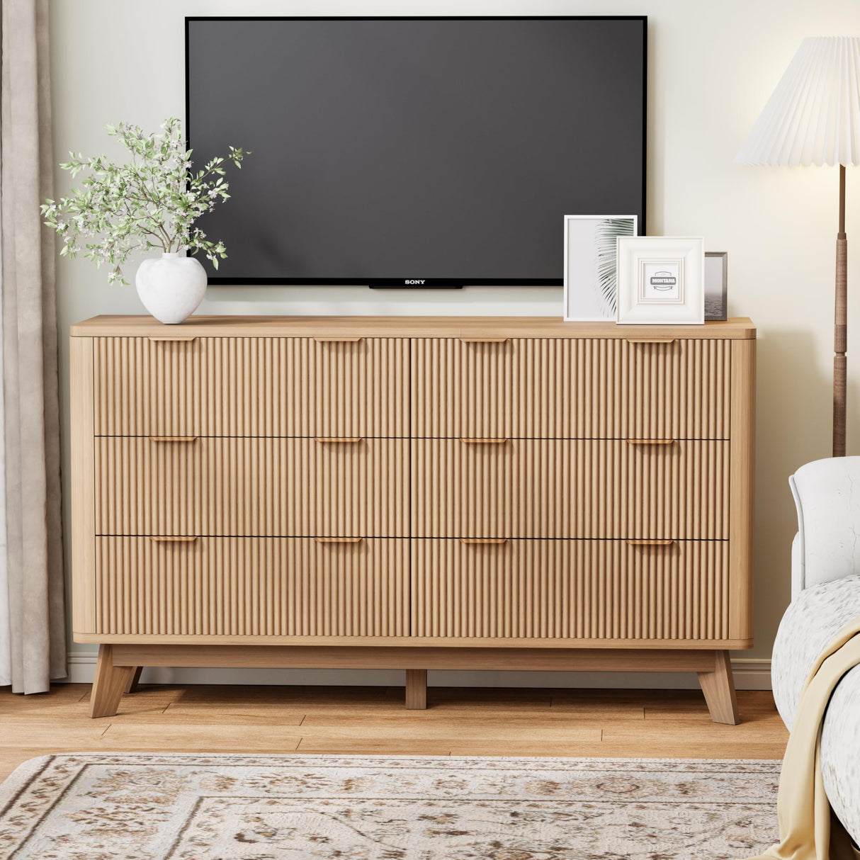 Royal Windsor 6 Drawer Dresser with Fluted Panel, Modern Chest of Drawers for Living Room, Wide Wooden Closet Dresser TV Stand with Ample Storage Space for Bedroom and Hallway, Natural Oak Royal Windsor