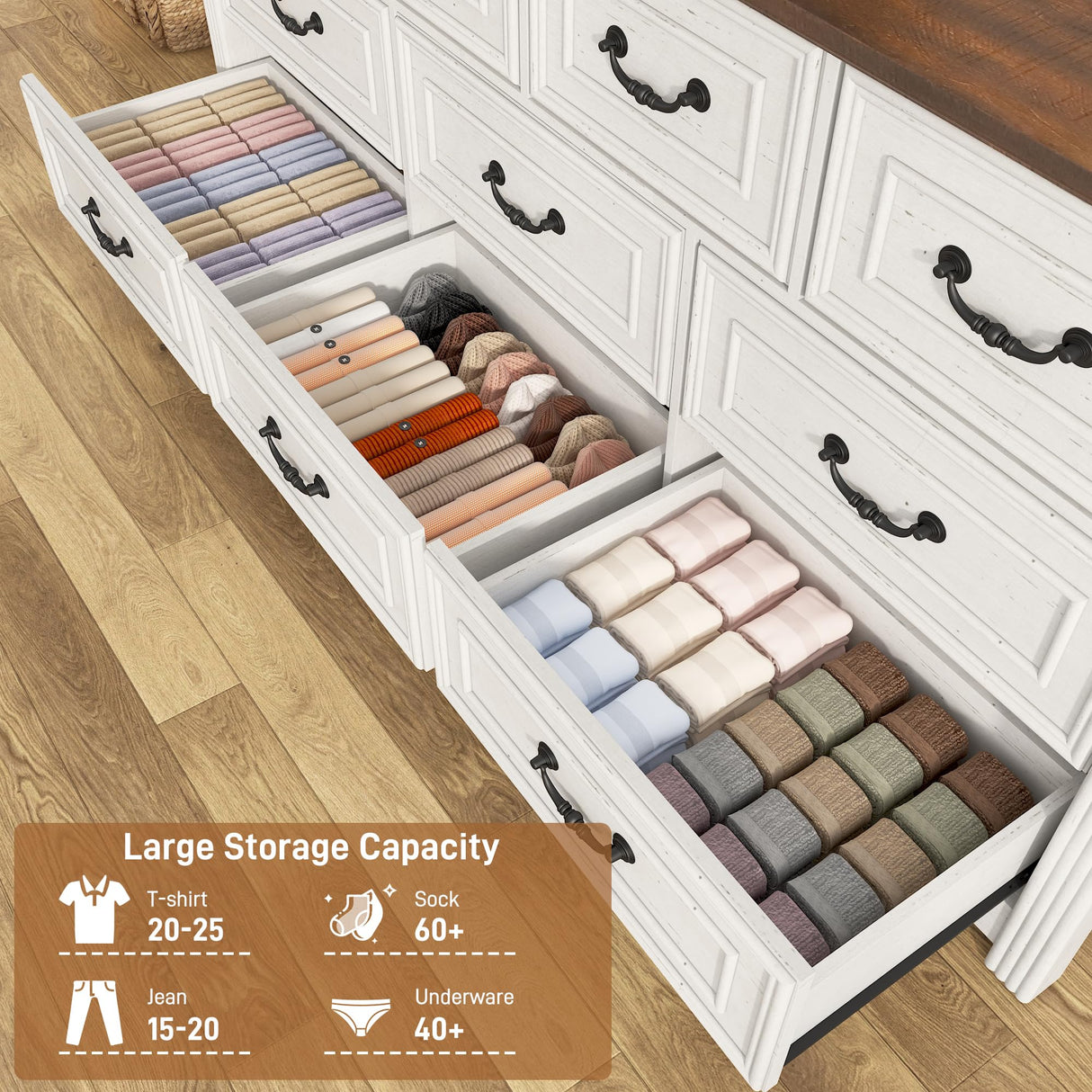 chartustriable Farmhouse 10 Drawer Dresser for Bedroom, 63” Wood Chest of Drawers with Rustic Handles, Wide Closet Dressers Organizer, Living Room, Hallway, Bedroom Furniture, Antique White chartustriable