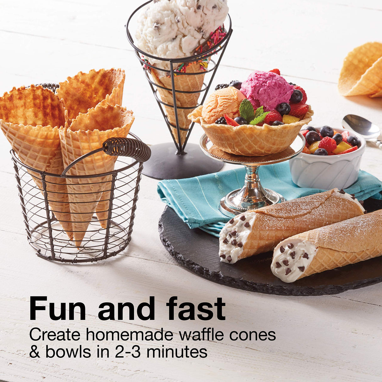 Proctor Silex Waffle Cone and Ice Cream Bowl Maker with Browning Control, Shaper Roller and Cup Press, 7.5” Nonstick Plates, White (26410) Proctor Silex