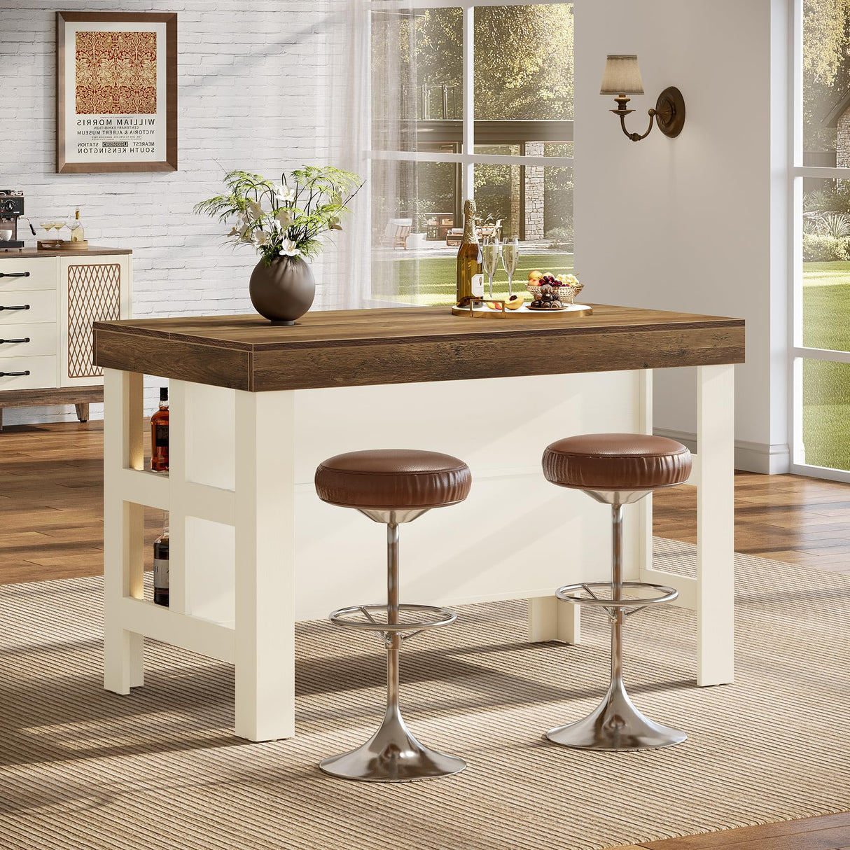 Tribesigns Home Bar Table Unit with Storage Shelves, 55.1-Inch Farmhouse Counter Height Bar Cabinet for Kitchen Dining Room Tribesigns