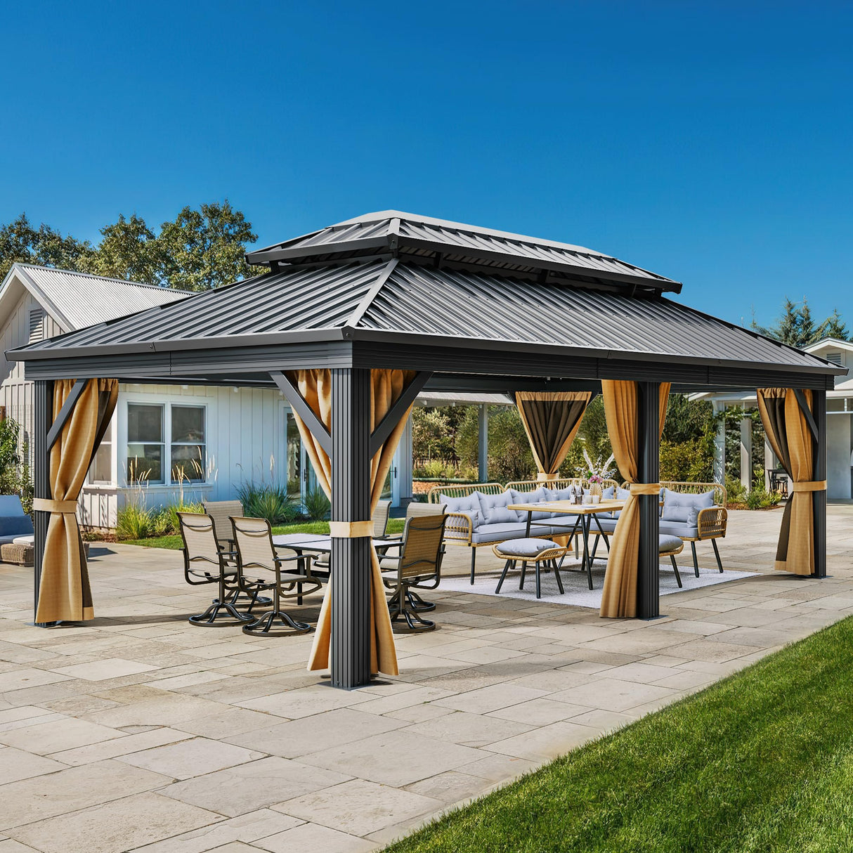 DWVO 12x18ft Hardtop Gazebo Double Roof with Nettings and Curtains, Heavy Duty Galvanized Steel Outdoor Vertical Stripes Roof for Patio, Backyard, Deck, Lawns, Brown DWVO