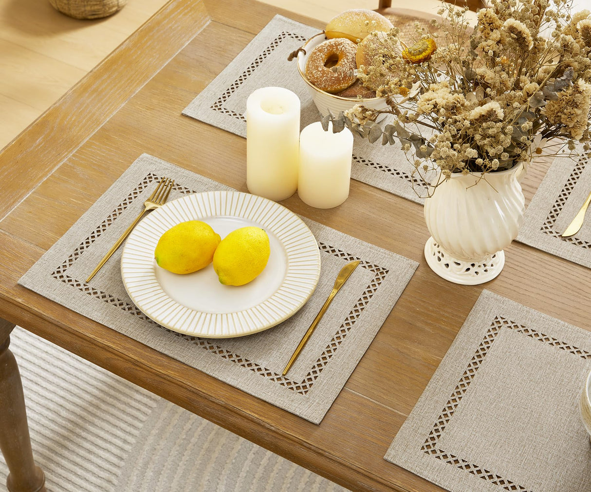 Aoztio Burlap Placemats Set of 4, 12 x 18 Inch Rustic Geometric Hollow Place Mats, Heat Resistant Placemats for Farmhouse Kitchen Table Decor, Coffee 4PCS Aoztio