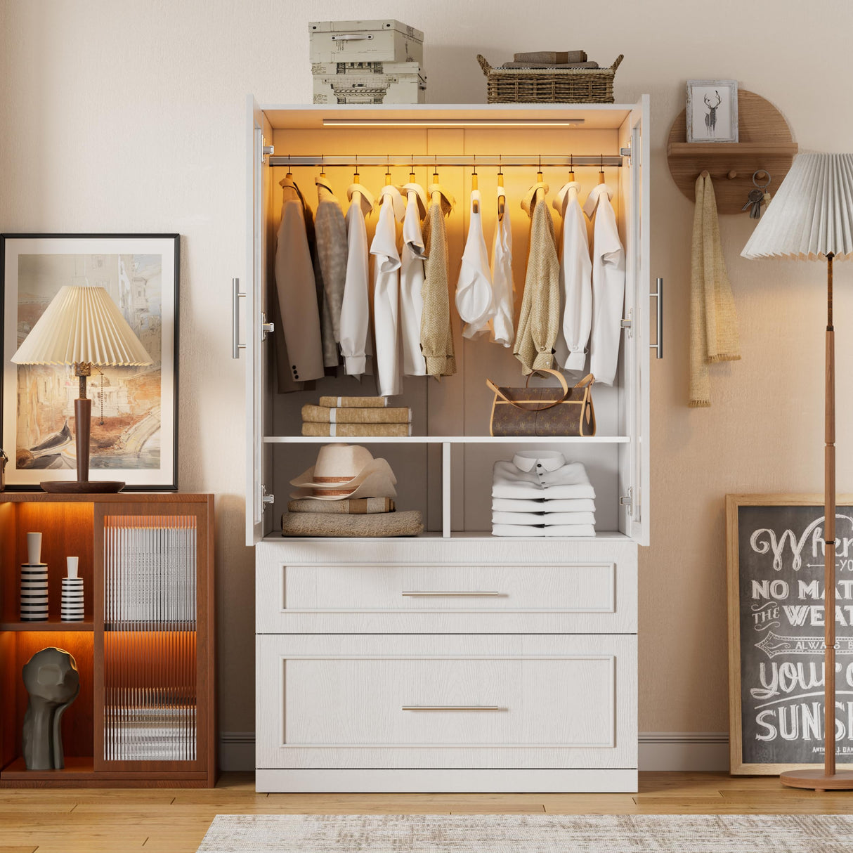 71" Tall Farmhouse 2 Doors Armoire Wardrobe Closet with 2 Drawers and LED, Wooden Armoire Storage Cabinet, Freestanding Closet Wardrobe Cabinet for Bedroom with Hanging Rod, Adjustable shelve(White) SDMY