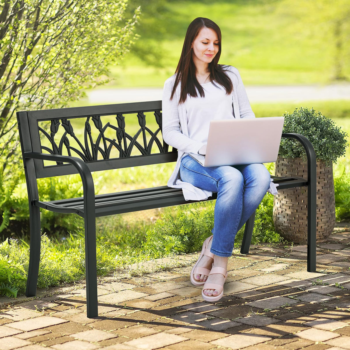 AVAWING Outdoor Bench, 2-Person Garden Benches for Outside, Metal Frame Patio Seating with Floral Pattern Backrest, Armrests for Lawn, Park, Porch, Entryway, Black AVAWING