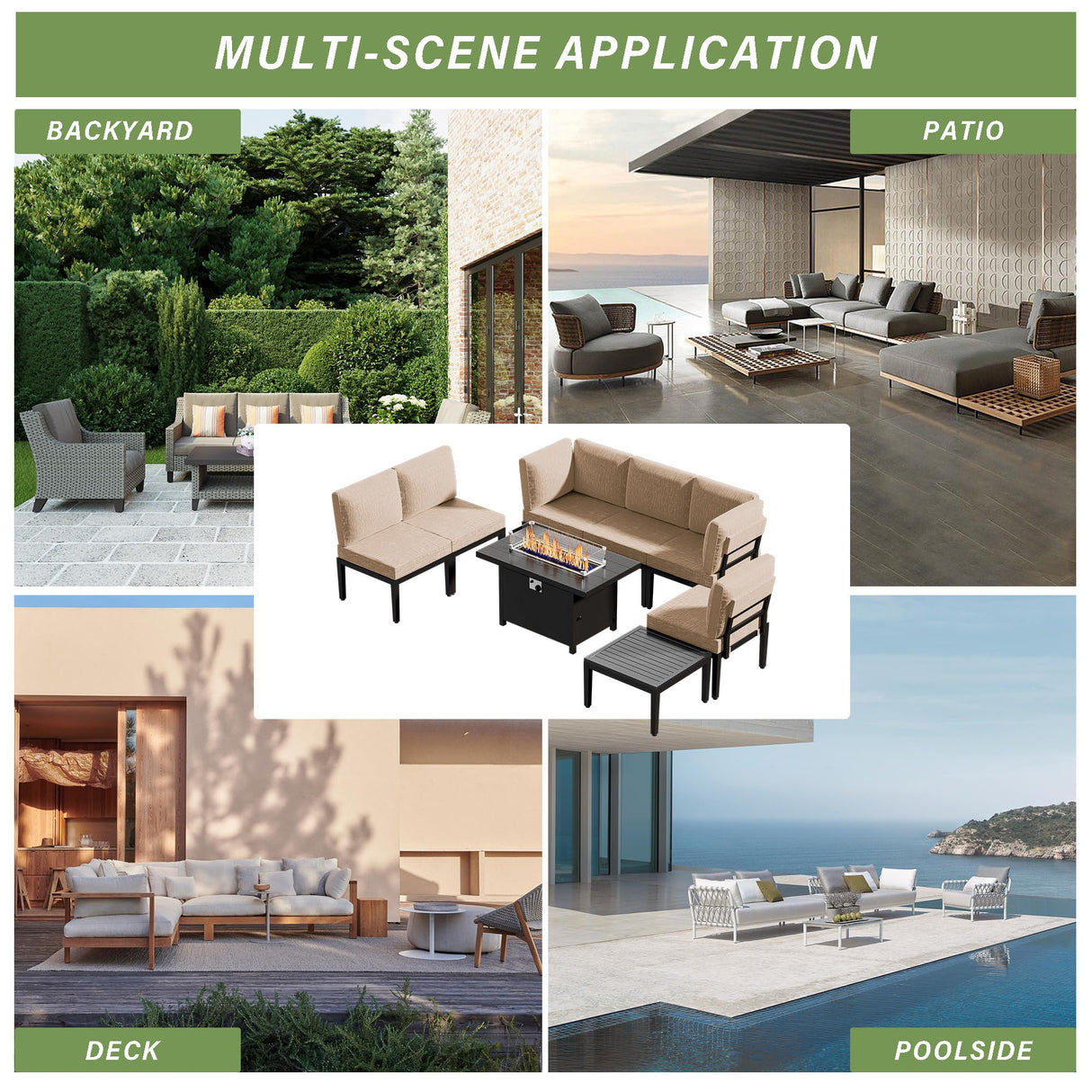 ASJMR Patio Furniture Set,8 Pieces Modern Outdoor Conversation Set w/43in Gas Fire Pit Table, Outdoor Metal Sectional Sofa with 55000 BTU Propane Fire Pit. ASJMR