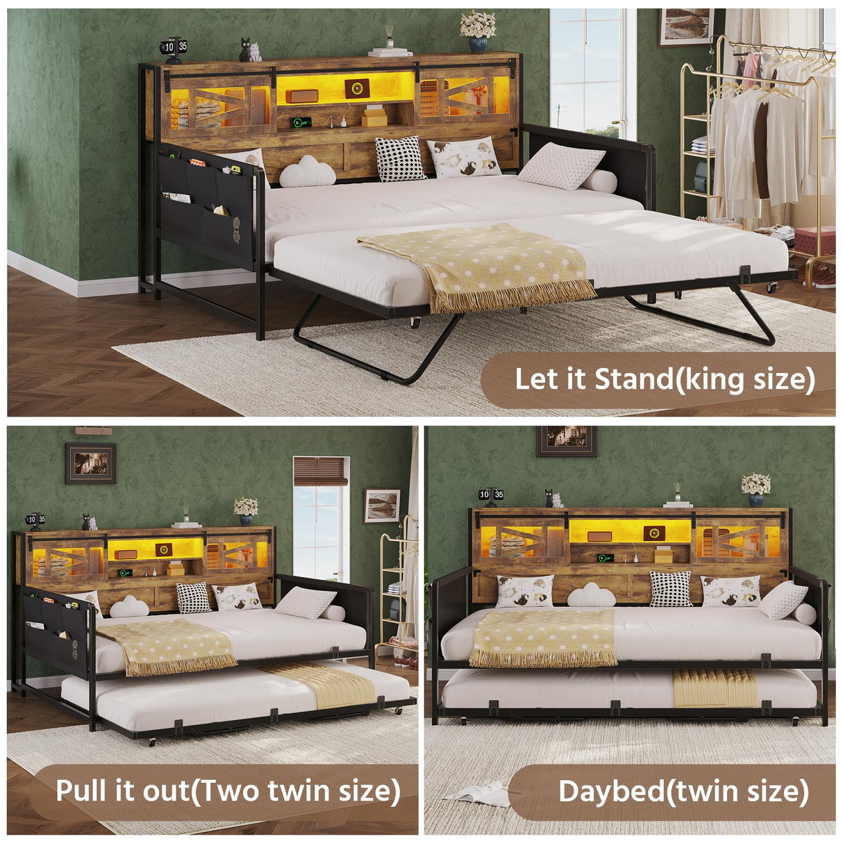 Dnxao Daybed with Pop Up Trundle,Farmhouse Twin to King Daybed with 2-Tier Storage,LED Lights and Charging Station,2 Storage Pockets,Twin Bed Frame for Living Room,Bedroom,Rustic Brown Dnxao