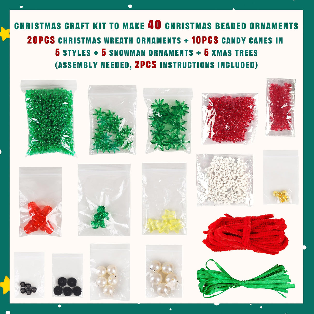 Christmas Crafts for Kids Adults Families, Beaded Ornament Kit to Make Wreath/Candy Cane/Xmas Tree/Snowman, Holiday Decorations Party Supplies, 40 Pieces jollylife