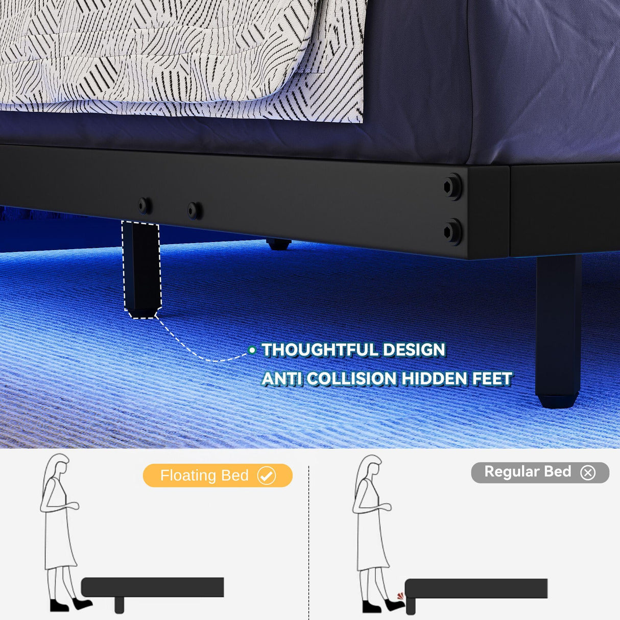 DWVO Full-Size Floating Bed Frame, Metal Platform Bed with LED Light, Charging Hub and Sturdy Steel Slats, Box Spring No Needed, Simple Setup (Black) DWVO
