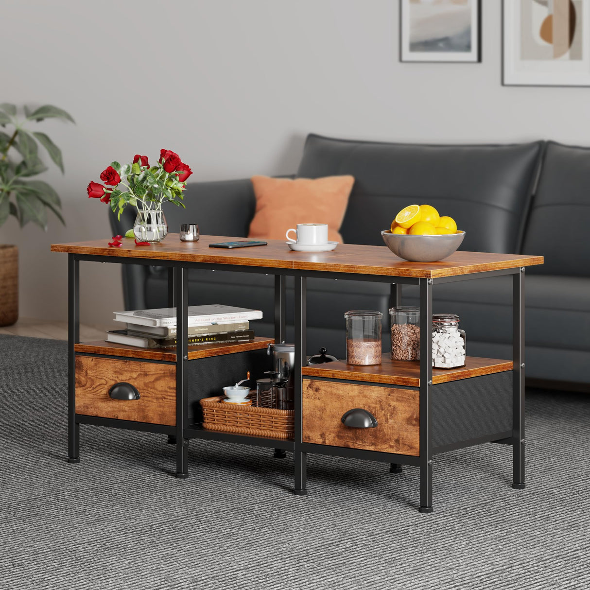 Furologee 35" Coffee Table with 2 Storage Drawers, Small Coffee Tables for Living Room, Industrial Center Table with 2 Tier Storage Shelf, Rustic Brown Furologee