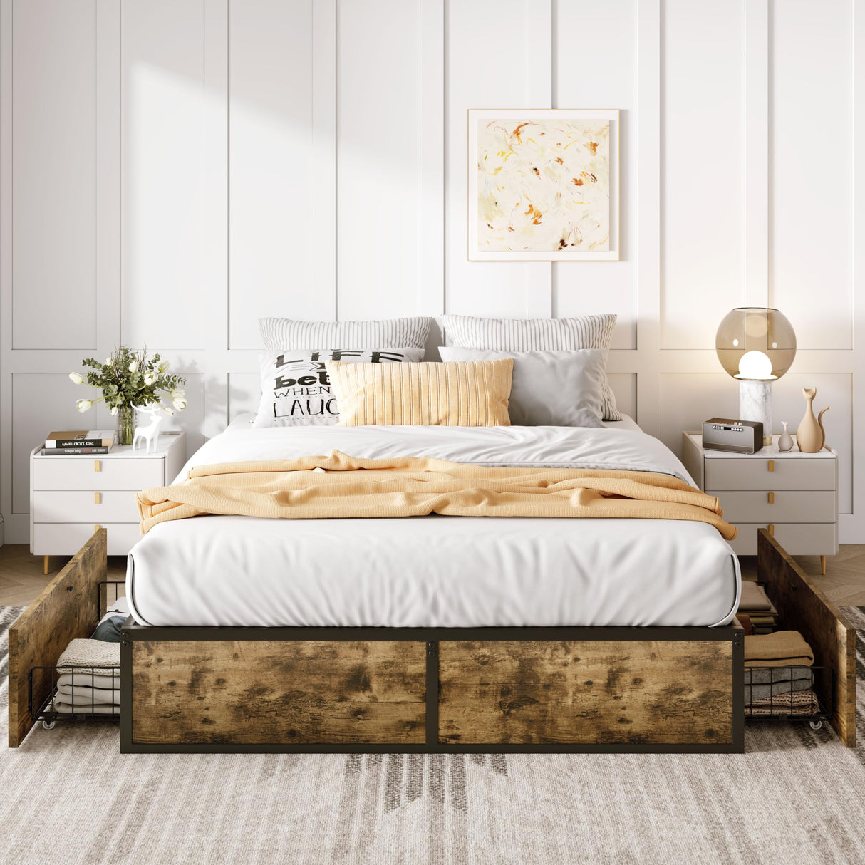 SHA CERLIN Queen Platform Bed Frame with 2 Large Storage Drawers, Rustic Wood and Metal, Noise-Free, Easy Assembly, No Box Spring Needed, Brown SHA CERLIN