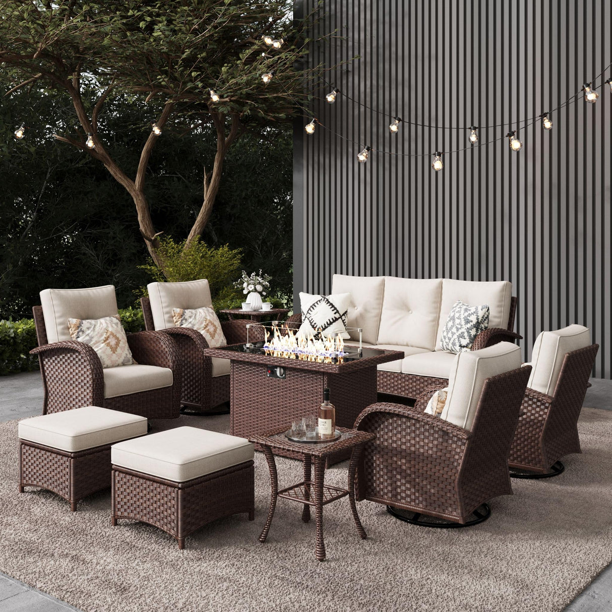 LayinSun 10 Pieces Outdoor Patio Furniture Set with Fire Pit Table, Rattan Wicker Sectional Swivel Rocker Chairs Sets LayinSun