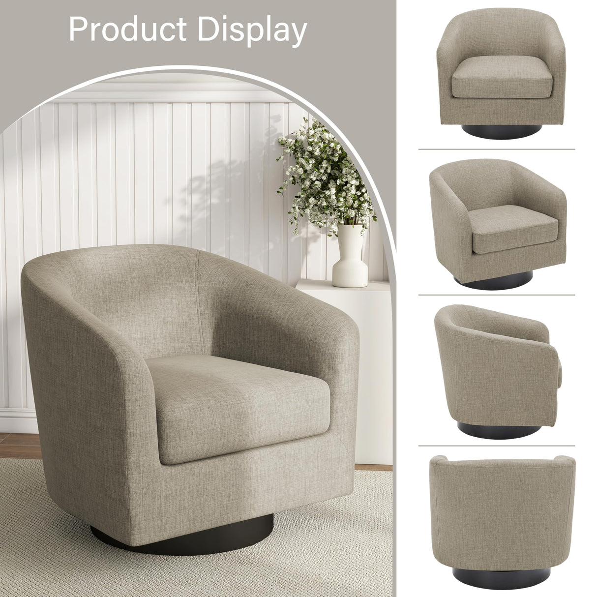 Pia Ricco Swivel Barrel Accent Chairs Set of 2, 360° Swivel Round Sofa Chair, Comfy Upholstered Fabric Single Sofa Club Armchair for Living Room/Reading Room/Bedroom, Light Brown Pia Ricco