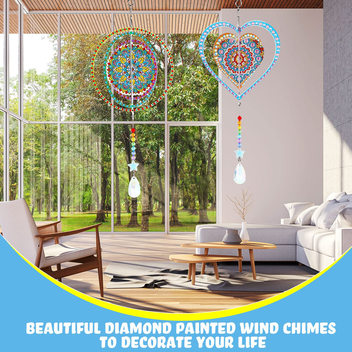Queekay 2 Pieces 3D Diamond Painting Wind Chime Diamond Art Suncatcher Kits Three Dimensional by Number Hanging Ornament Double Sided Crystal Suncatcher Window Decor for Home Wall Garden(Heart) Queekay