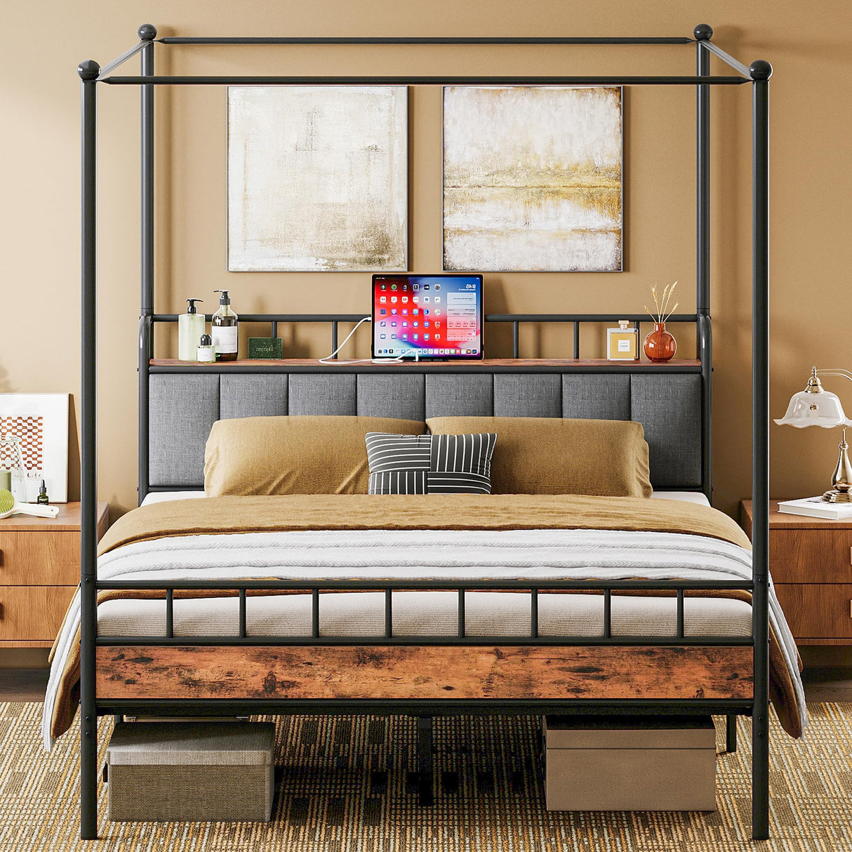 LIKIMIO Canopy Bed Frame Full, Storage Headboard with Charging Station, Platform Bed with 4 Removable Sturdy Posts, Noise Free, No Box Spring Needed, Vintage Brown LIKIMIO