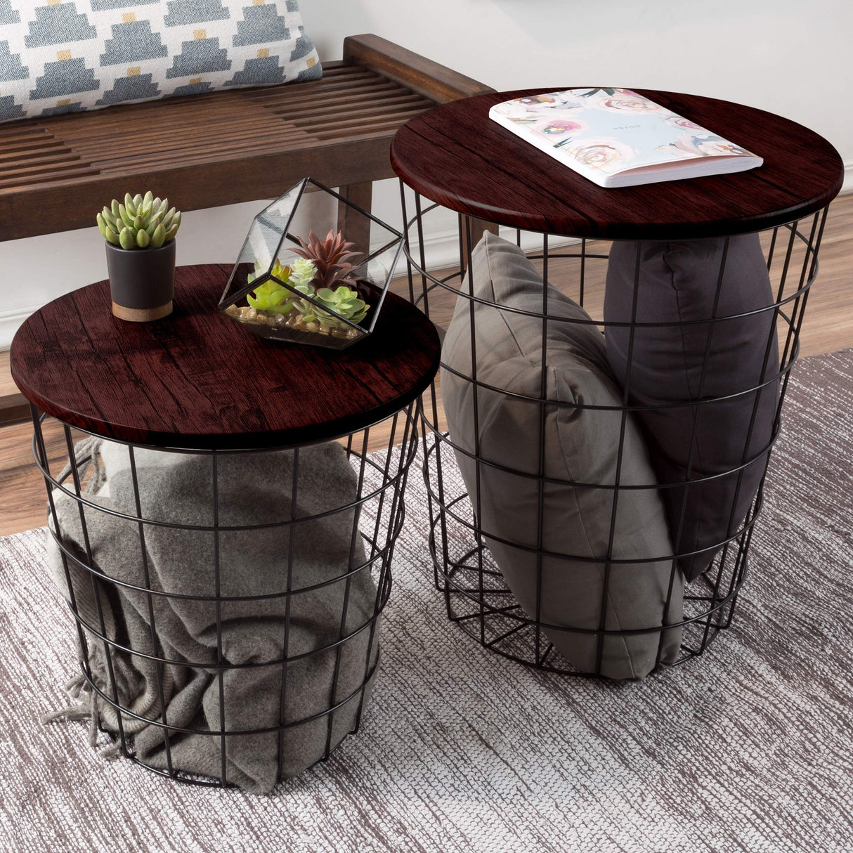 Lavish Home End Tables Set of 2 - Nesting Tables with Removable Wood Tops and Metal Basket Bases for Blanket Storage - Round Side Furniture for Living Room, Bedroom, or Home Office (Cherry/Black) Lavish Home