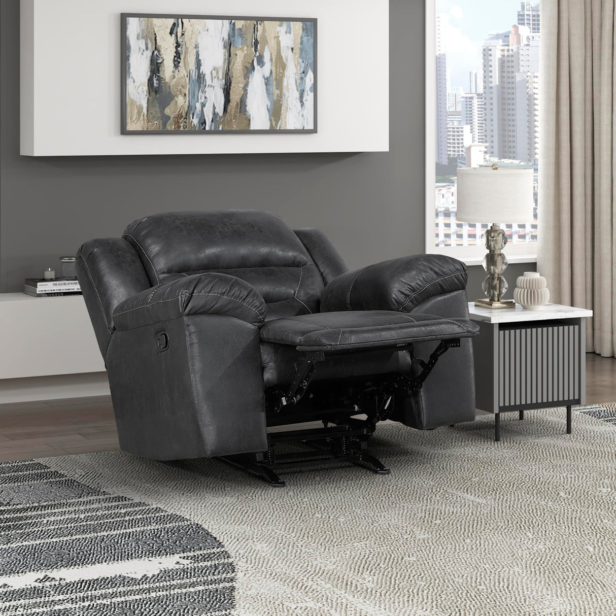 Lexicon Rocker Recliner Chair for Living Room, Wall Hugger Manual Recliner Chairs, Textured Microfiber Upholstered Rocking Reclining Chair, Home Theater Seating, Required Assembly, Black Lexicon