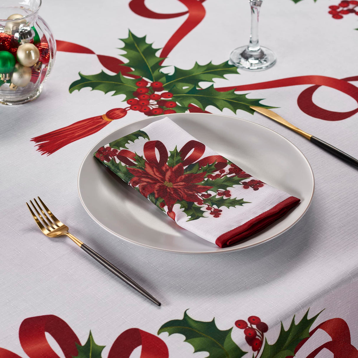 Kadut Christmas Ribbon Tablecloth (60 x 84 Inch) for 5 Foot Rectangle Tables, Heavy Duty Fabric, Stain Proof Xmas Ribbon Table Cloth for Harvest, Holiday, and Fall, & Christmas Dinner. Kadut