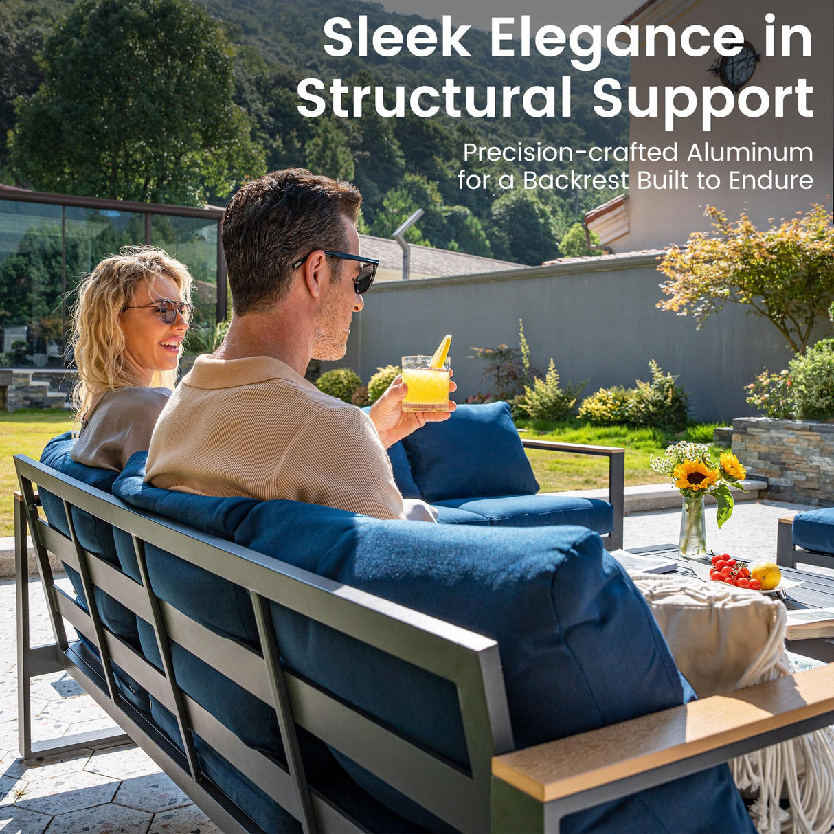 Sundale Outdoor Patio Furniture Aluminum Sofa, All-Weather 3-seat Outdoor Metal Sofa Couch with 6” Olefin Cushion & Dark Grey Frame, Outdoor Seating for Garden Deck Porch(Navy Blue) Sundale Outdoor