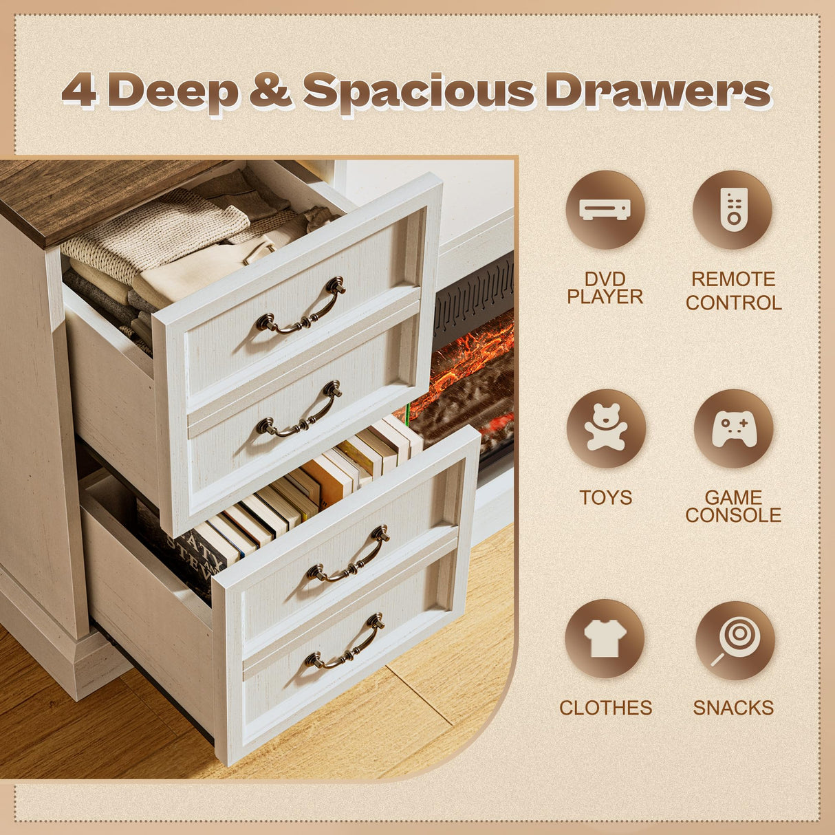 Huuger Fireplace TV Stand with LED Lights for 75 80 Inch TV, 3-Side Glass Fireplace Entertainment Center, 70 Inch Farmhouse TV Stand with 4 Deep Drawers for Living Room, Distressed White Huuger