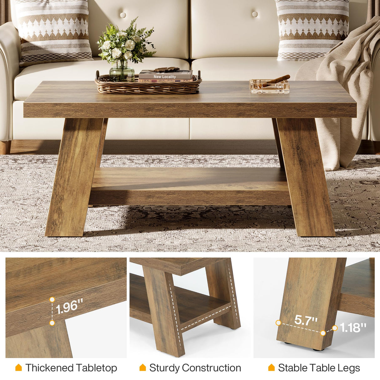Tribesigns Farmhouse Coffee Table, Rustic Coffee Tables for Living Room, 47.24" Rectangular Wood Living Room Tables, 2-Tier Center Table with Storage for Apartment, Bedroom, Office (Rustic Brown) Tribesigns