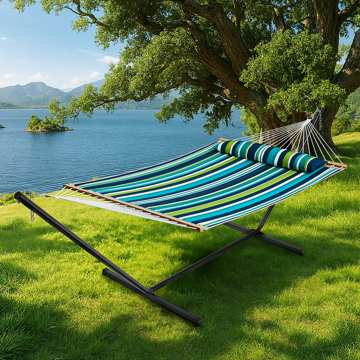 SUPERJARE Hammock with Stand, 2 Person Quilted Outdoor Hammock, Detachable Pillow & Bamboo Spreaders, Portable Hammock with Carrying Bag, Heavy Duty Stand, Perfect for Outside, Patio, Dark Cyan SUPERJARE