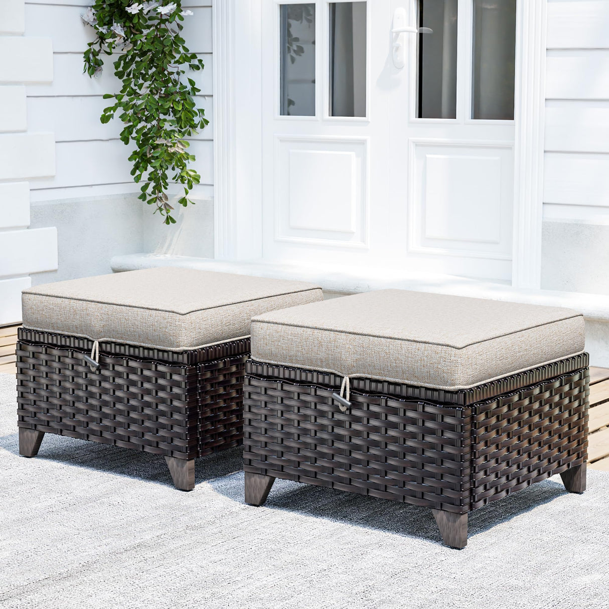 MaxMulti Patio Ottomans Set of 2, Outdoor Wicker Footrest with Thickened Cushions, Outdoor Rattan Ottoman for Porch, Backyard and Deck (Beige) MaxMulti