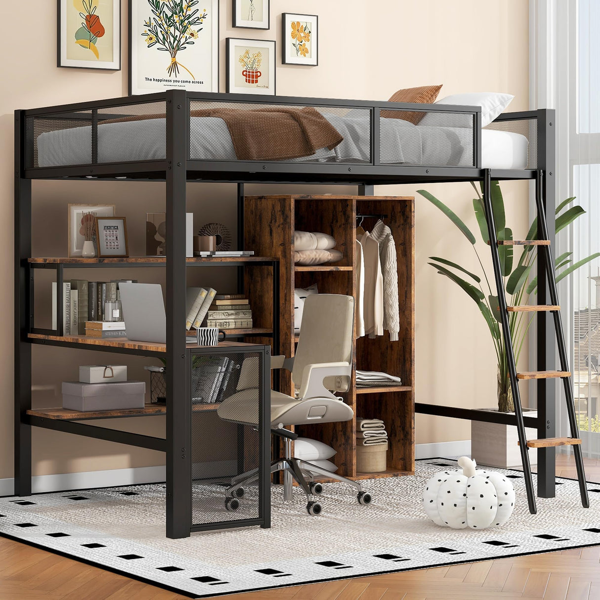 MaiDeHaoo Full Loft Bed with Desk and Storage Loft Bed Full with L Shaped Desk and Cabinet - Black MaiDeHaoo