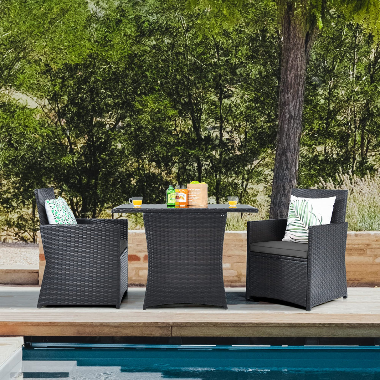 DORTALA 3 Pieces Patio Dining Set, Outdoor Rattan Bistro Set with Cushions, Tempered Glass Tabletop, Wicker Conversation Set for Garden Backyard Poolside Porch, Grey DORTALA