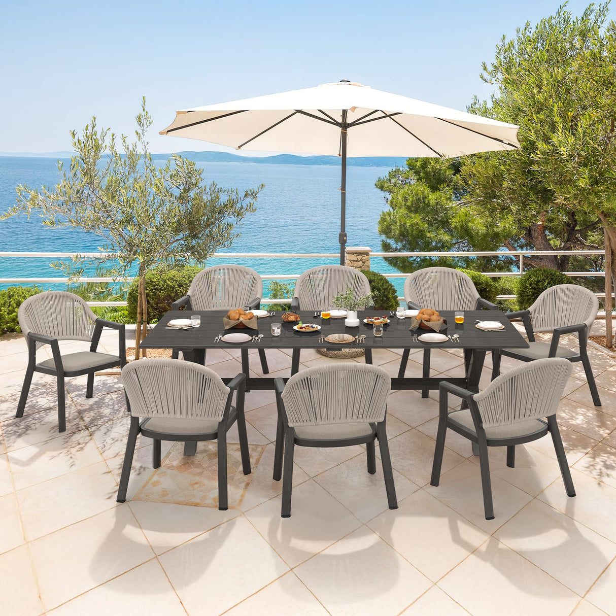 Cozyman 9-Piece Patio Furniture Set, All-Weather Resistant 79 Inch Aluminum Outdoor Dining Set with PE Wicker Chairs, Beige Almond Cozyman
